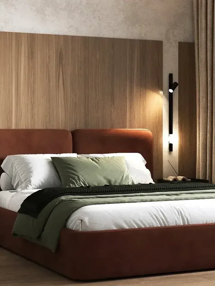 Zbliżenie na materiały obiciowe nowoczesnego tapicerowanego łóżka SIENA– Tapicerowane z Designerskim Wezgłowiem. Detal wykończenia od Primavera Home.