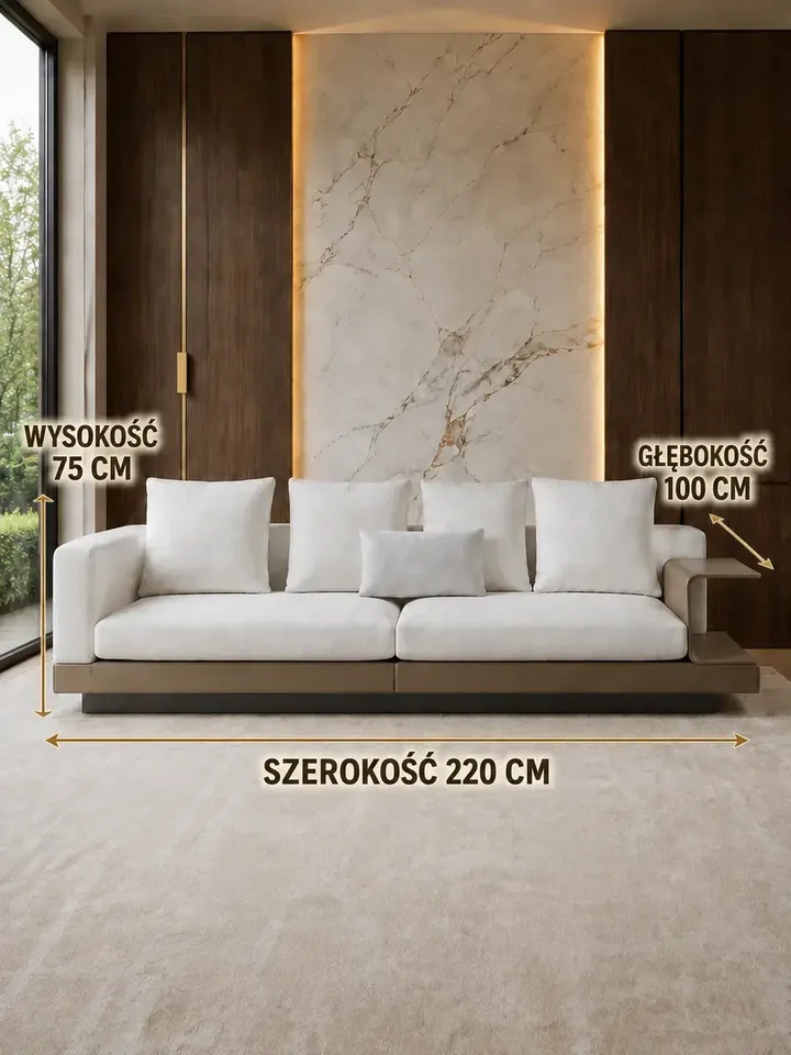 Sofa NAPOLEONE w otoczeniu innych mebli, komponująca się z nowoczesnym wystrojem. Ekspozycja w salonie od Primavera Home.