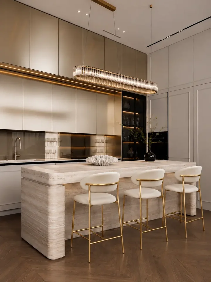 NOWOŚCI -- Hoker w stylu włoskim beżowy złoty nowoczesny desing JULIA w zbliżeniu, eksponujący detal wykończenia. Aranżacja nowoczesnego wnętrza od Primavera Home.