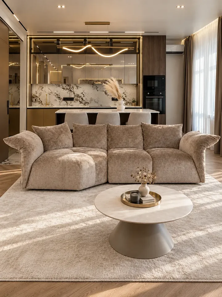 Sofa designerska Lilia w przestrzeni, tworząca nowoczesny klimat w pomieszczeniu, dostępna w Primavera Home.