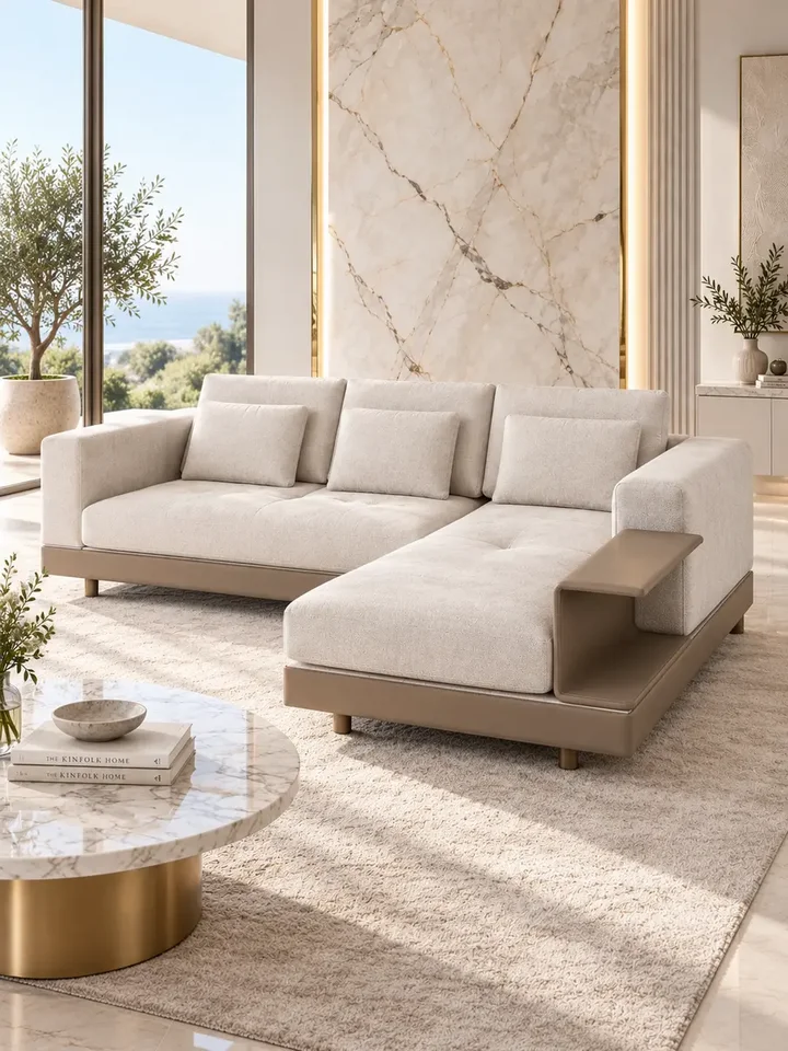 Eleganckie siedzisko sofy narożnej z półką, które zapewnia komfort i styl od Primavera Home.