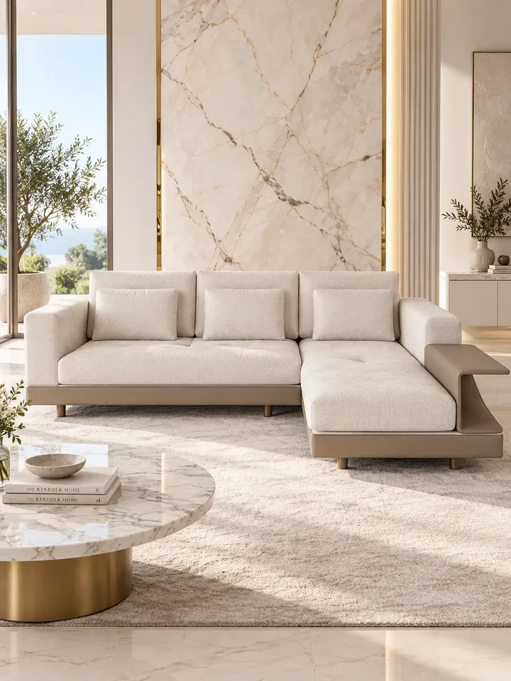 Sofa narożna z półką w minimalistycznym designie, doskonale harmonizująca z wystrojem salonu od Primavera Home.