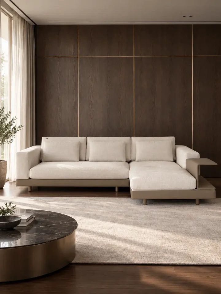 Sofa narożna z półką z bliskiego ujęcia, ukazująca detale wykonania i tkaniny od Primavera Home.