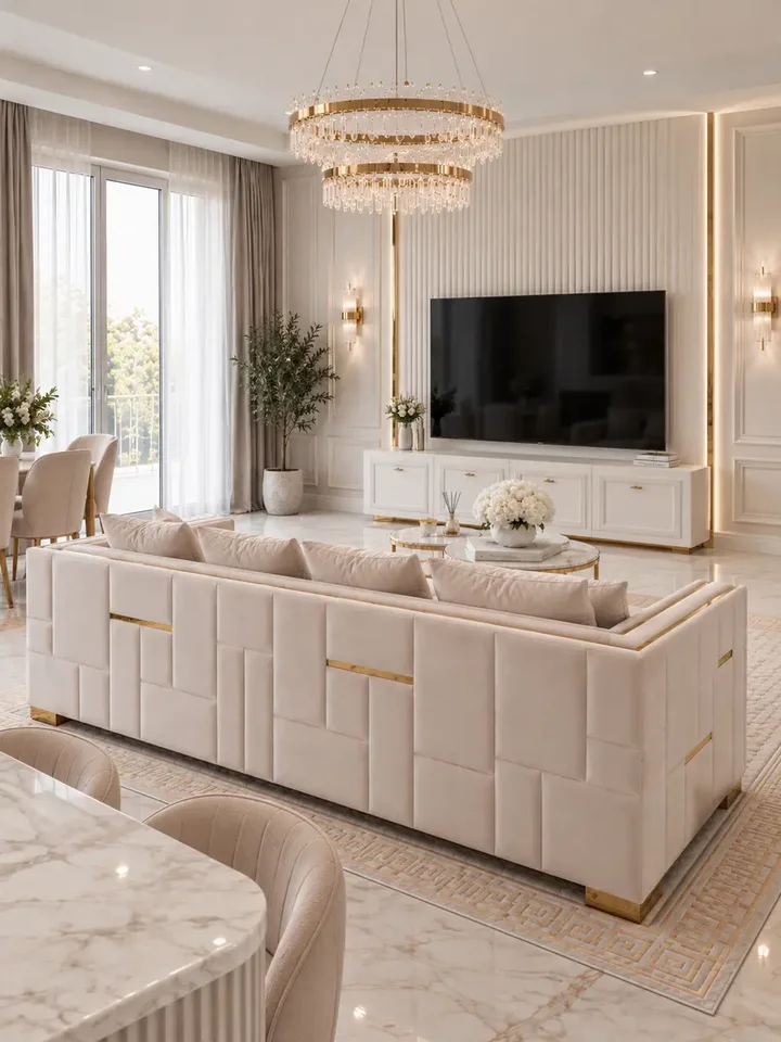 Złota Sofa Rozkładana Palace – Nowoczesna i Ekskluzywna uchwycona z interesującej perspektywy, eksponująca jej elegancję. Aranżacja nowoczesnego wnętrza od Primavera Home.