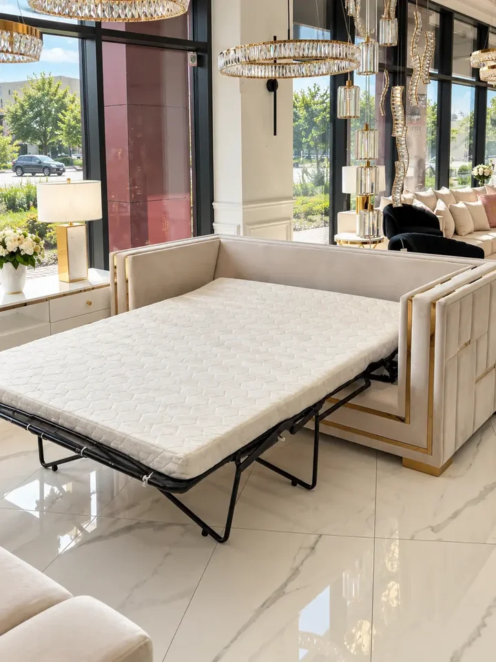 Złota Sofa Rozkładana Palace – Nowoczesna i Ekskluzywna z bliska, prezentująca wysoką jakość materiałów. Aranżacja nowoczesnego wnętrza od Primavera Home.