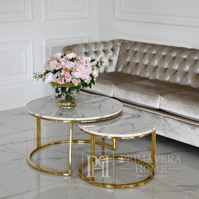 Glamour Couchtisch, modernes Gold mit weißer Steintischplatte MARCO GOLD -  Primavera Home