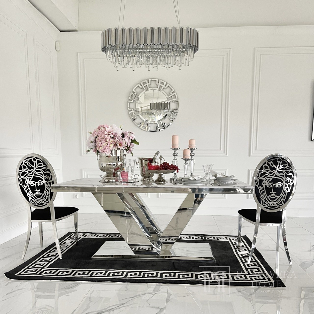 Modern coffee table for the living room, glamor, white conglomerate, silver  LV COLLECTION - Primavera Home