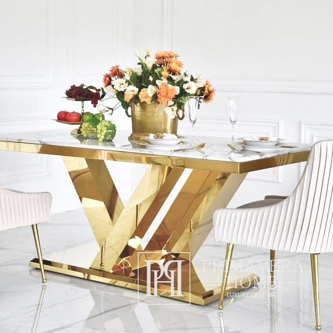 Luxury LV Style Marble Stainless Steel Gold Electroplating Dining Tabl