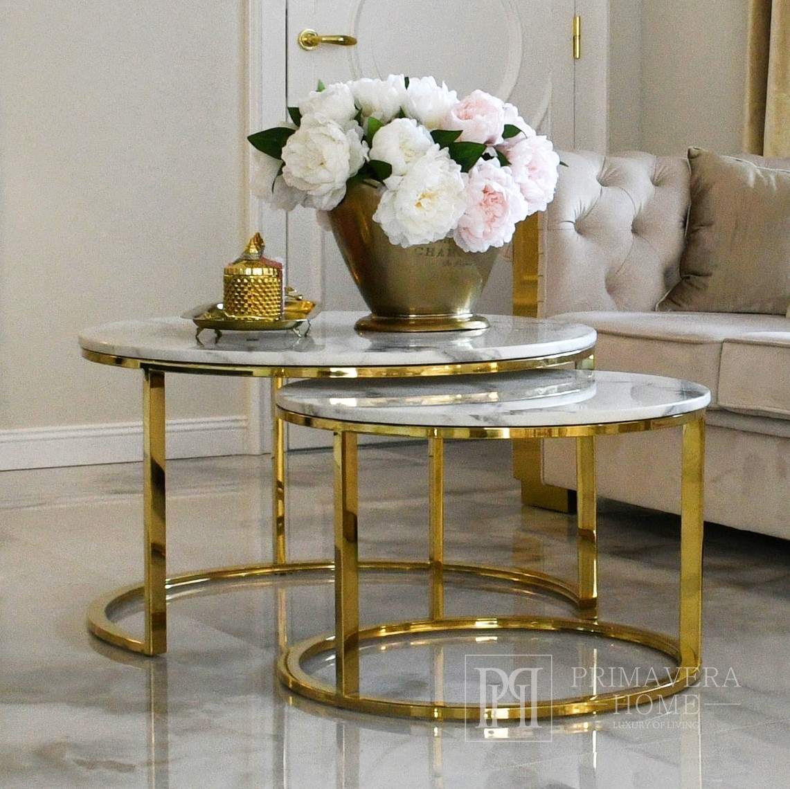 Glamour Couchtisch, modernes Gold mit weißer Steintischplatte MARCO GOLD -  Primavera Home