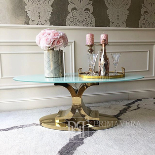 Ekskluzywny stolik kawowy, glamour, stalowy, z miętowym blatem szklanym, złoty RITZ OUTLET