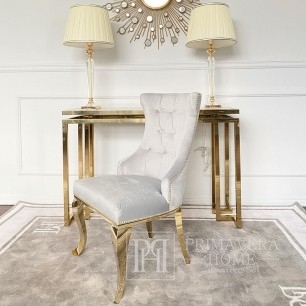 Luksusowe krzesło tapicerowane glamour, z kołatką, do jadalni, do salonu, do biura, klasyczne, gięte nogi, złote GRETA
