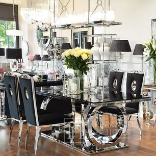 PICASSO glamūrinis stalas valgomajam, plienas, stiklas, balta OUTLET