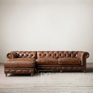Klasyczna sofa narożna skórzana, chesterfield, glamour, styl angielski, pikowana, rozkładana CHESTERFIELD