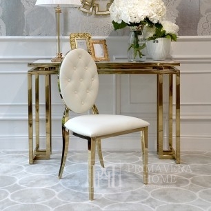 Zestaw 6 sztuk krzesło glamour, klasyczne, z pikowaniem, okrągłe oparcie, stalowe, białe, złote MEDALION