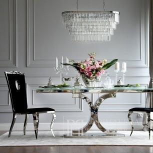Stół glamour ze szklanym białym blatem, nowoczesny, designerski stalowy srebrny RITZ OUTLET