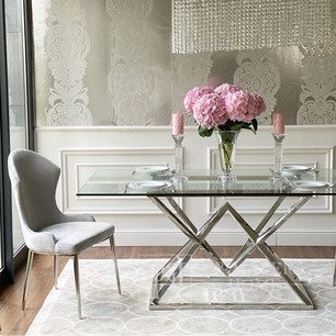 Stół glamour ze szklanym blatem, nowoczesny, stalowy, designerski, srebrny CONRAD