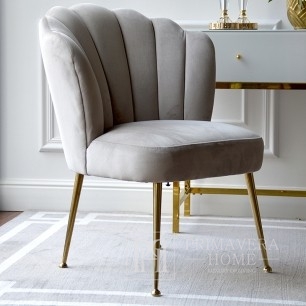 Luksusowe krzesło tapicerowane, glamour, nowoczesne, do jadalni, toaletki, do sypialni, beżowe, szare, proste nogi, złote SHELL