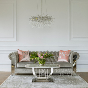 Luksusowa sofa do gabinetu, salonu, nowoczesna, tapicerowana, nowojorska, glamour, srebrna AVIATOR