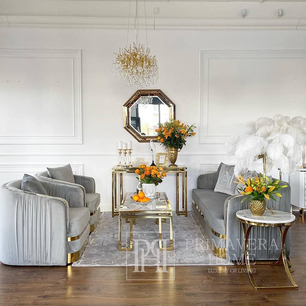 Luksusowa sofa 3 osobowa do salonu, gabinetu, sypialni, nowoczesna, nowojorska, glamour, szara, złota MADONNA