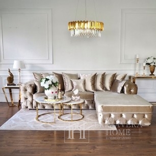 Nowoczesna sofa narożna, pikowana, glamour, z poduszkami, wygodny narożnik rozkładany MILANO