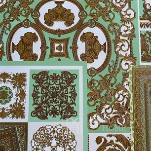 Prabangūs tapetai „Versace Découpage“ kvadratai žaliai auksiniai