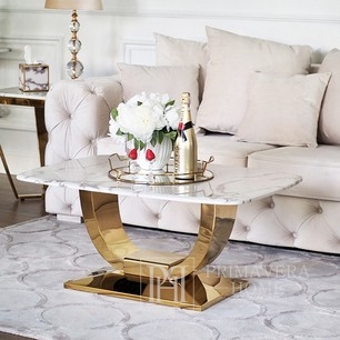 Glamūrinis svetainės kavos staliukas su balto marmuro stalviršiu, auksiniu ART DECO