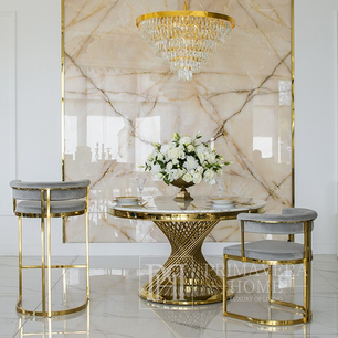 Nowoczesne krzesło glamour, do jadalni, designerskie, półokrągłe, do toaletki, stalowe, szare, złote MARCO