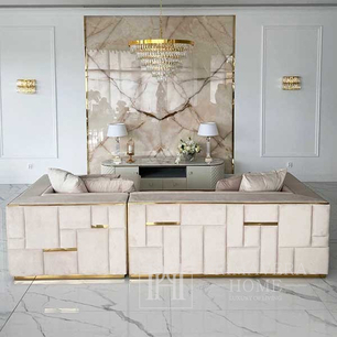 Sofa glamour ekskluzywna narożna, nowoczesna, tapicerowana, złota, beżowa EMPORIO