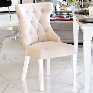 Klasyczne krzesło tapicerowane, do jadalni, hamptons, nowoczesne, drewniane, wygodne, białe, czarne nogi GRETA