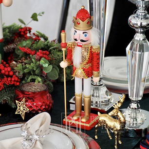 Ozdoba świąteczna Dziadek do orzechów, drewniany z cekinami i mechanizmem M czerwono złoty