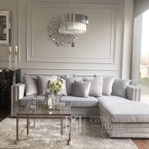 Nowoczesna sofa tapicerowana glamour, narożna,  rozkładana z funkcja spania, szara NERO 280 cm