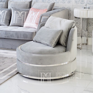 Stylish ROUND stone swivel armchair velvet gray silver