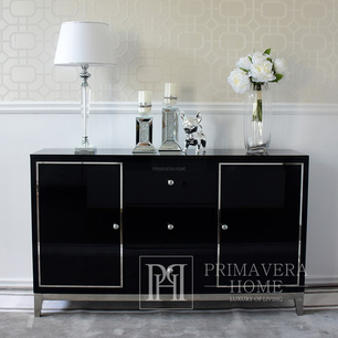 A glamor lacquered wooden chest of drawers with steel legs, black modern Lorenzo L Silver OUTLET