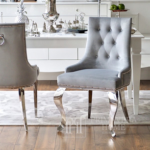 Ekskluzywne krzesło tapicerowane, pikowane z kołatką, do jadalni, na stalowych, giętych nogach, glamour, szare, srebrne MADAME