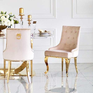 Ekskluzywne krzesło tapicerowane, pikowane, do jadalni, na stalowych giętych nogach, glamour,  z kołatką, złote, beżowe MADAME