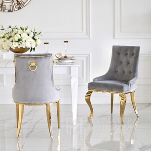 Eleganckie krzesło tapicerowane do jadalni, z kołatką, na giętych nogach, glamour, nowoczesne, klasyczne szare, złote MADAME
