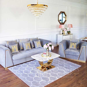 Sofa minkšta, velvet, šiuolaikiška, glamour stiliaus, svetainei, pilka, auksinė MONTE CARLO 