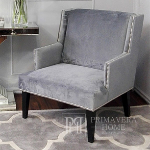 Minkštas glamour hamptons fotelis skandinaviškos klasikinės pilkos juodos sidabrinės kojos WARWICK OUTLET