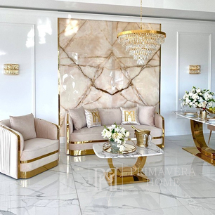 Exclusive glamor sofa for the living room, art deco, modern, with steel gold slats, beige, designer gold MADONNA