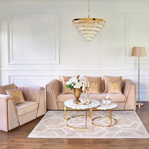 Nowoczesna sofa do salonu, designerska, art deco, klasyczna, glamour, beżowa, złota MONTE CARLO