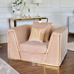 Fotel glamour luksusowy, tapicerowany do salonu, do gabinetu, duży, wygodny, z poduszkami, beżowy, złoty MONTE CARLO