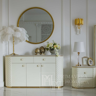 Exclusive, classic, glamor, upholstered chest of drawers, white leatherette, gold HERMITAGE OUTLET