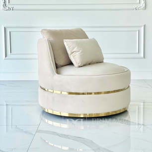 Stylish armchair ROUND stone swivel velvet beige gold 91x92x71cm