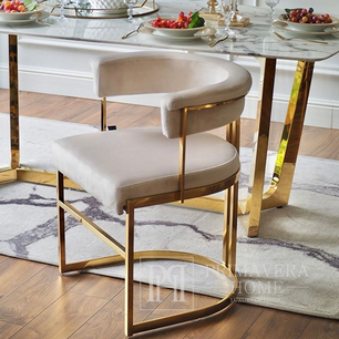 Moderni glamūrinė kėdė, valgomajam, moderni, pusapvalė, tualetiniam stalui, plieninė, smėlio spalvos, auksinė MARCO OUTLET