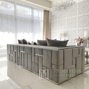 Šiuolaikinė EMPORIO kampinė sofa apmušta sidabro, pilkos spalvos