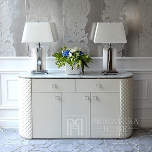 Luxurious glamor chest of drawers made of eco leather, white, silver, with conglomerate HERMITAGE OUTLET