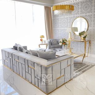 Luksusowa sofa narożna, nowoczesna, tapicerowana,  designerska, złota szara EMPORIO