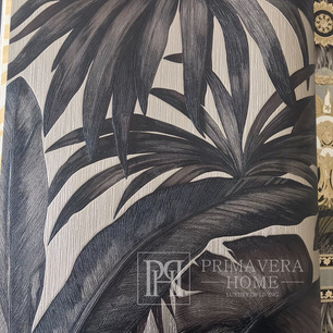 Moderne Glamourtapete Versace V Jungle Animalier Blattmotiv, Schwarz, Palmenblätter, Tropisch