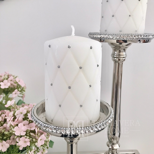 Quilted candle, white, matte, with silver flecks S