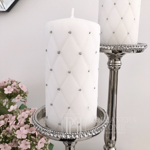 Quilted candle, white, matte, with silver flecks M